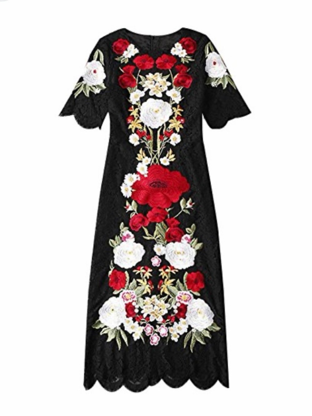 Black Floral Embroidered Midi Dress with Red & White Blooms